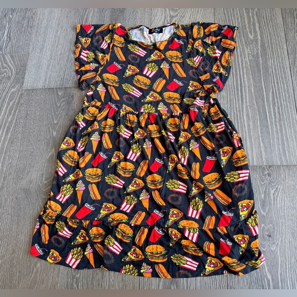 Exotica Fast Food Print Burger Fries Short Sleeve Pocket Dress Size XS